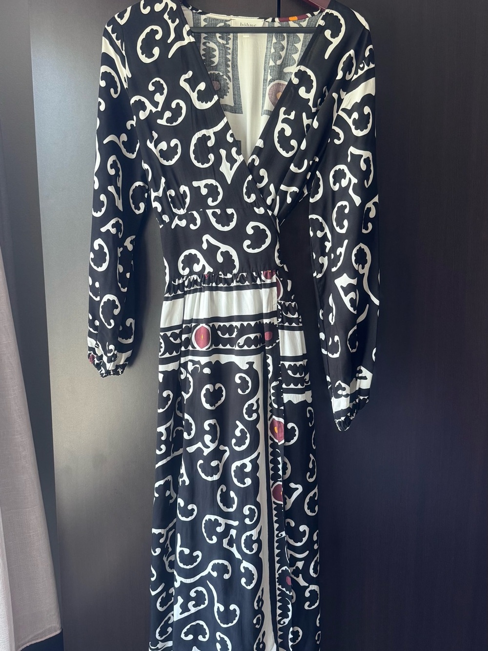 Bohme Porter Black and White Long Sleeve Scroll Print Wrap Maxi Dress Coverup